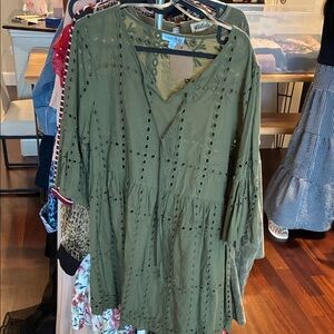 Olive Green Eyelet Tiered V‑Neck Dress